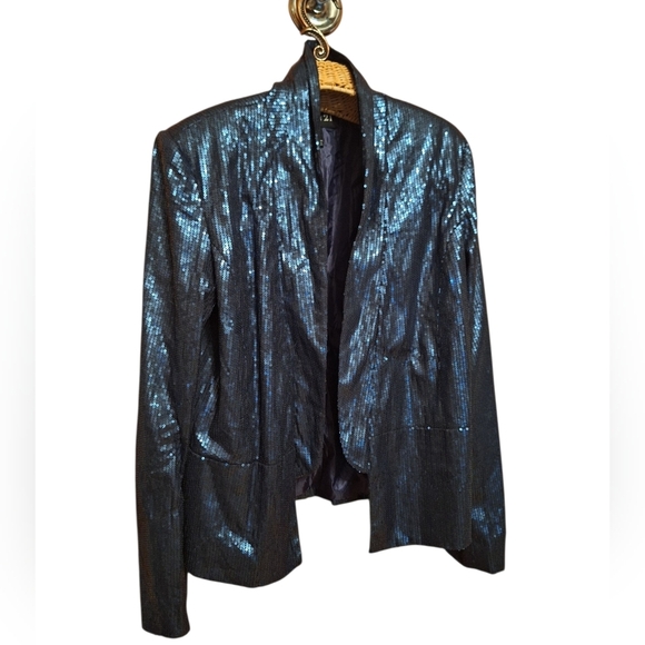 Forever 21 Blue Blazer Shimmery Cropped Jacket Ladies Large Sequins Vegas Party - Picture 1 of 5